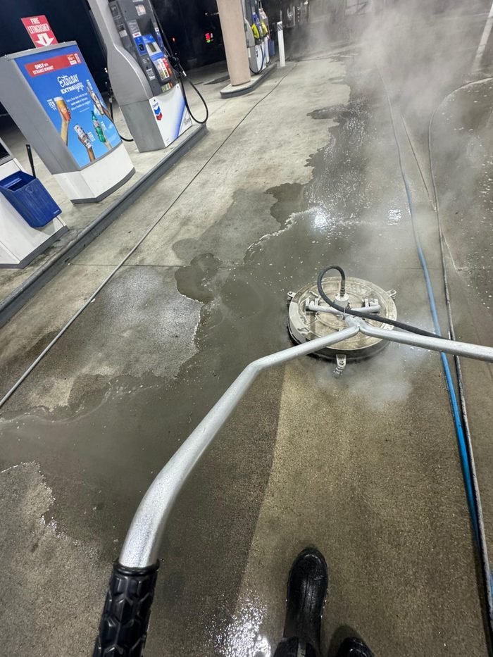 Fuel-station forecourt, canopy, or concrete cleaning