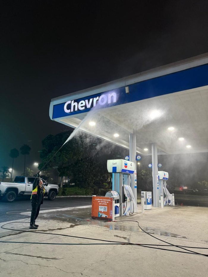 Fuel-station forecourt, canopy, or concrete cleaning